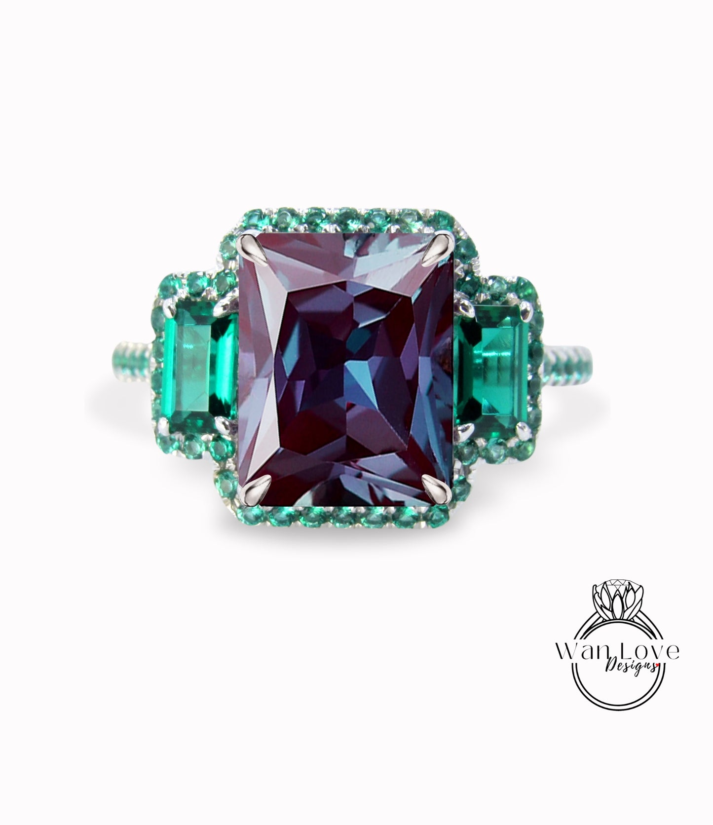 Anello di fidanzamento in pietra preziosa Alexandrite Emerald Green 3 Triple Halo da 4 ct, Anello Halo Baguette Smeraldo Alexandrite, Anello in oro 14k, Regalo di anniversario