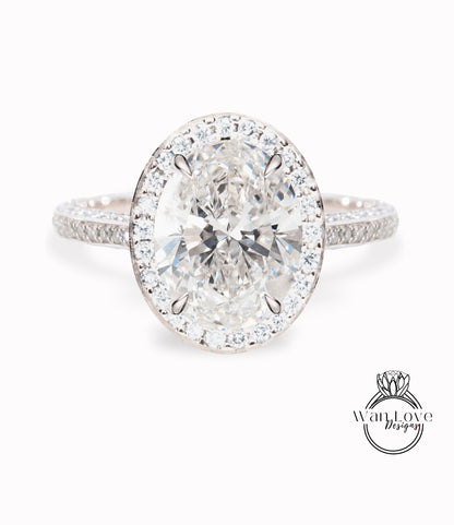Anello di fidanzamento ovale da 2 ct, oro rosa e bianco 14k/18k, anello di diamanti ovale, anello di fidanzamento con diamante a taglio ovale, anello a fascia con diamante IGI ovale a 3 lati Halo