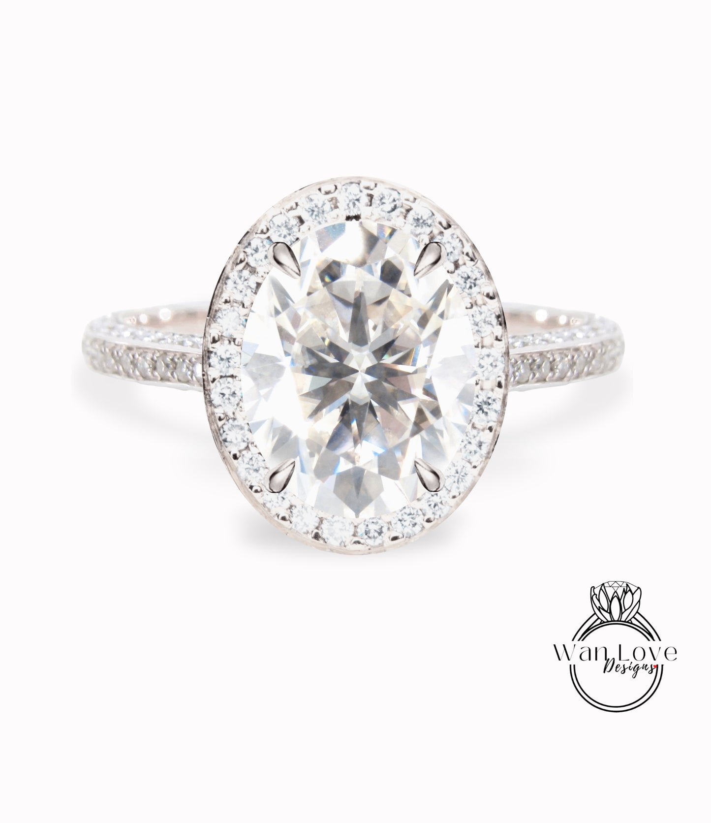 Moissanite & Diamond Oval Halo 3 sided Engagement Ring, 14k 18k White Yellow Rose Gold, Platinum, Wedding, Anniversary Gift