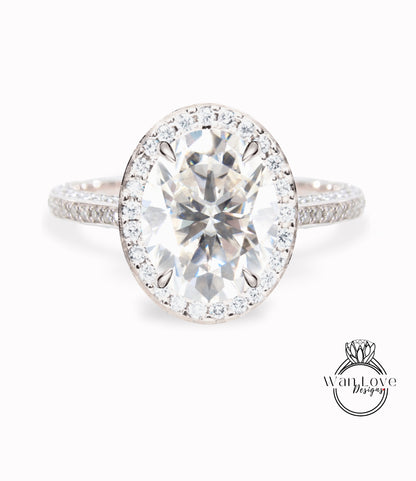 Moissanite & Diamond Oval Halo 3 sided Engagement Ring, 14k 18k White Yellow Rose Gold, Platinum, Wedding, Anniversary Gift