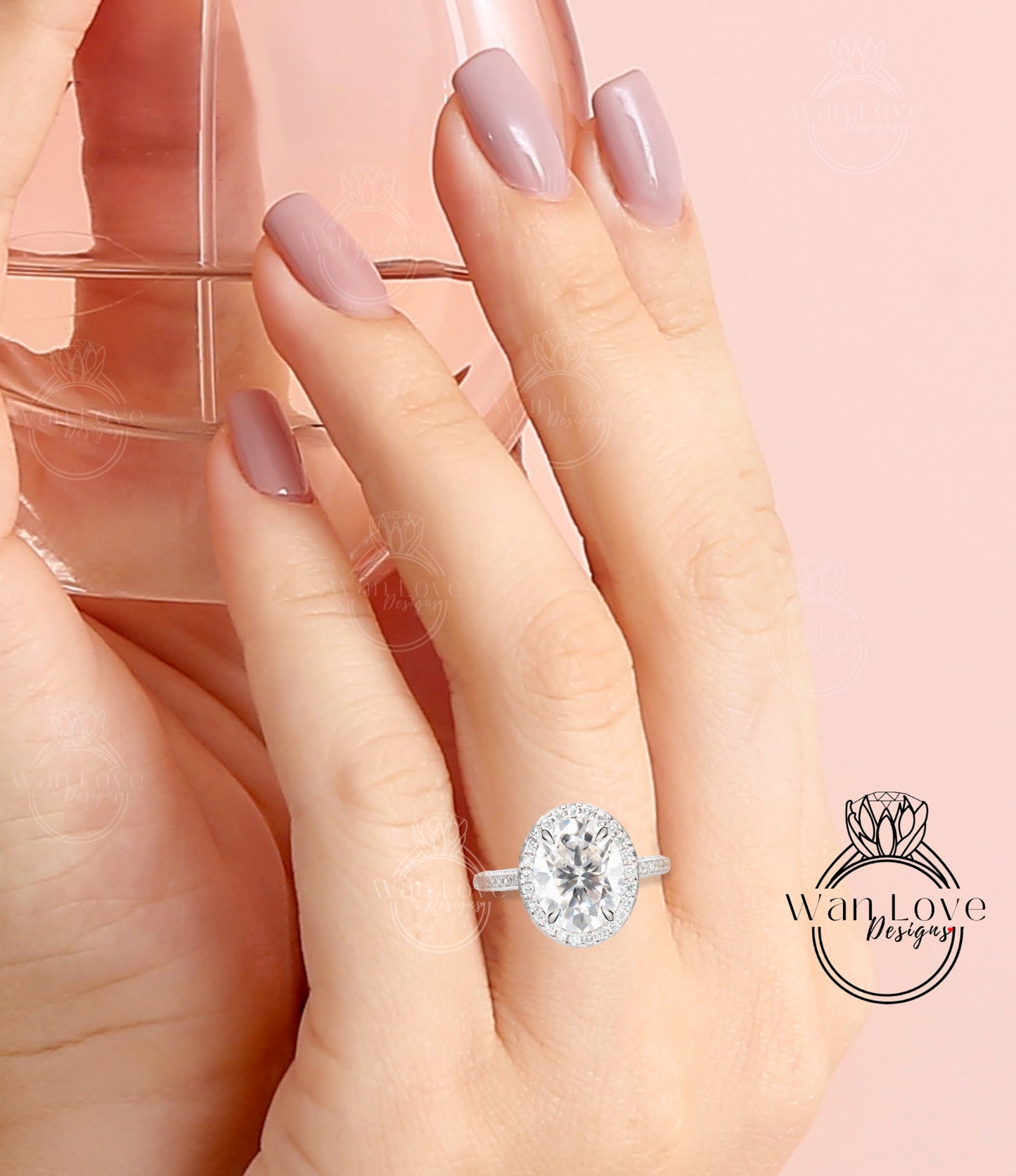 Moissanite & Diamond Oval Halo 3 sided Engagement Ring, 14k 18k White Yellow Rose Gold, Platinum, Wedding, Anniversary Gift