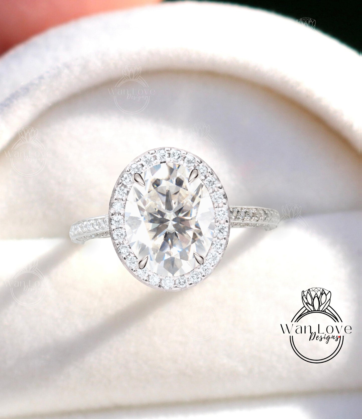 Moissanite & Diamond Oval Halo 3 sided Engagement Ring, 14k 18k White Yellow Rose Gold, Platinum, Wedding, Anniversary Gift