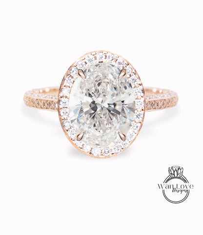 Anello di fidanzamento ovale da 2 ct, oro rosa e bianco 14k/18k, anello di diamanti ovale, anello di fidanzamento con diamante a taglio ovale, anello a fascia con diamante IGI ovale a 3 lati Halo