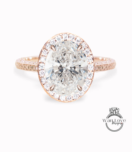 Diamond Oval Halo 3 sided Engagement Ring, 14k 18k White Yellow Rose Gold, Platinum, Wedding, Anniversary Gift