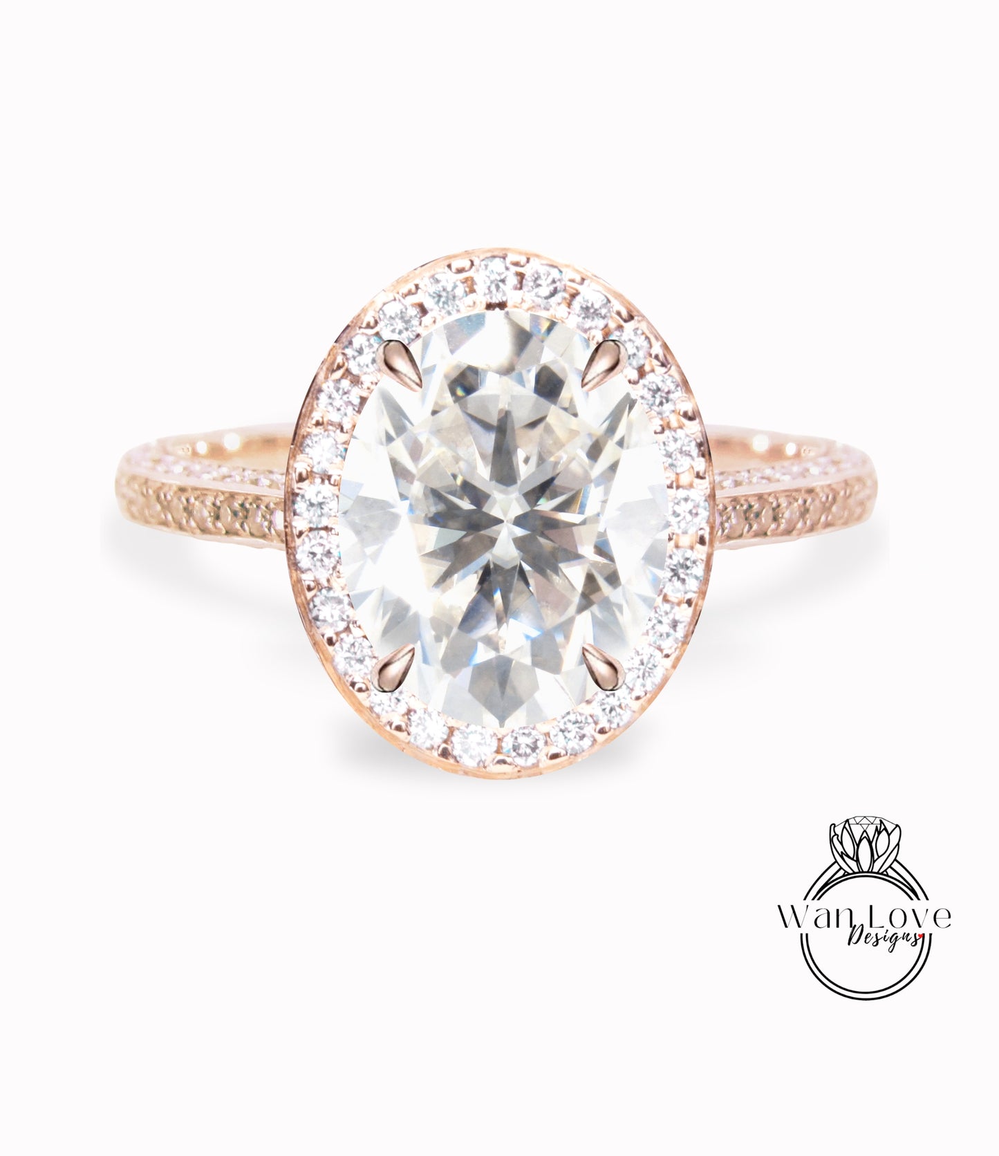 Moissanite & Diamond Oval Halo 3 sided Engagement Ring, 14k 18k White Yellow Rose Gold, Platinum, Wedding, Anniversary Gift