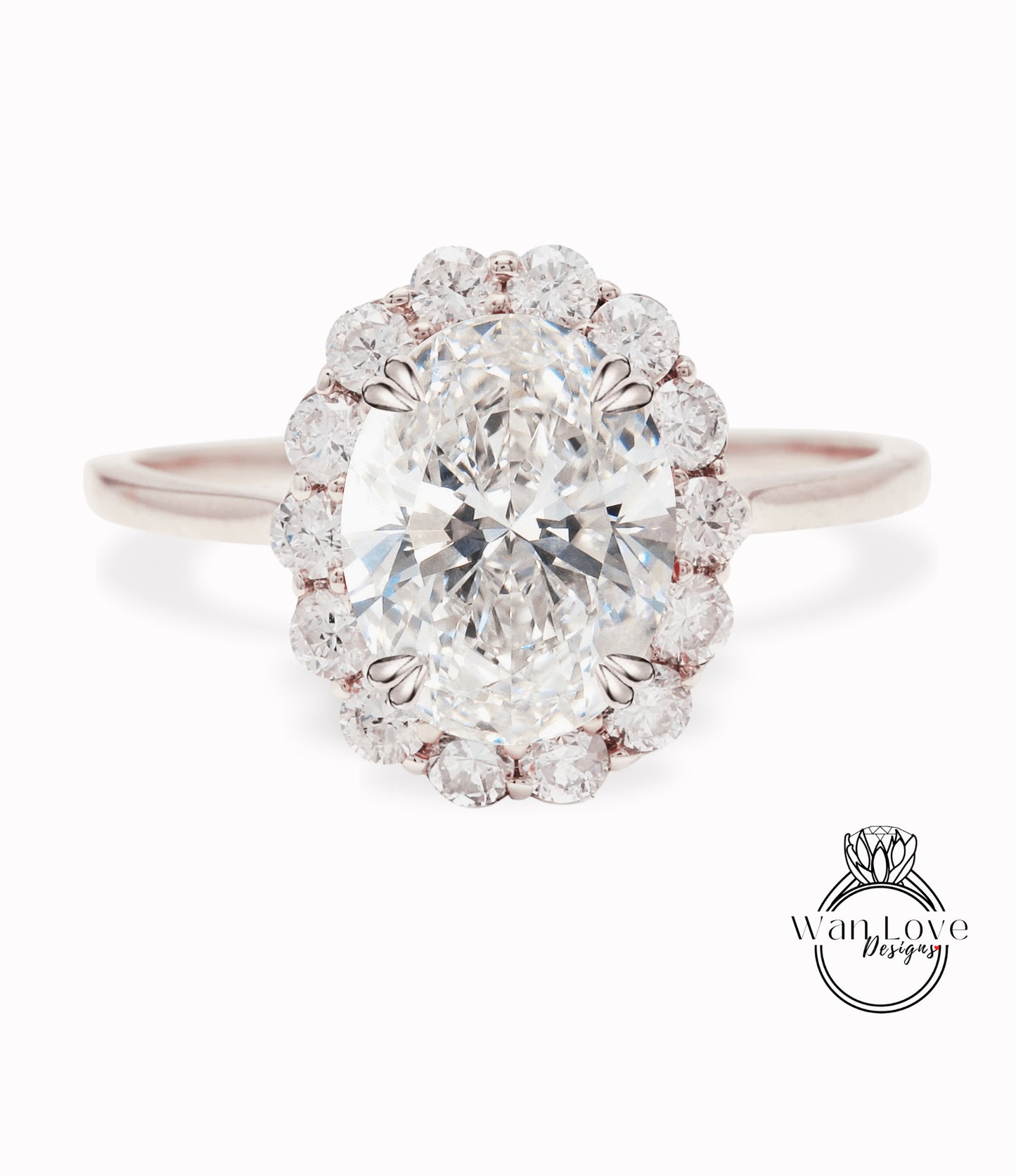 Anello di fidanzamento con diamante ovale Halo, Anello di fidanzamento con diamante ovale Halo, Anello floreale a grappolo ovale in oro rosa, Anello con diamante IGI anniversario