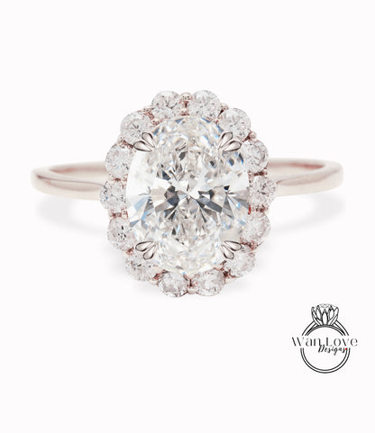 Anello di fidanzamento con diamante ovale Halo, Anello di fidanzamento con diamante ovale Halo, Anello floreale a grappolo ovale in oro rosa, Anello con diamante IGI anniversario
