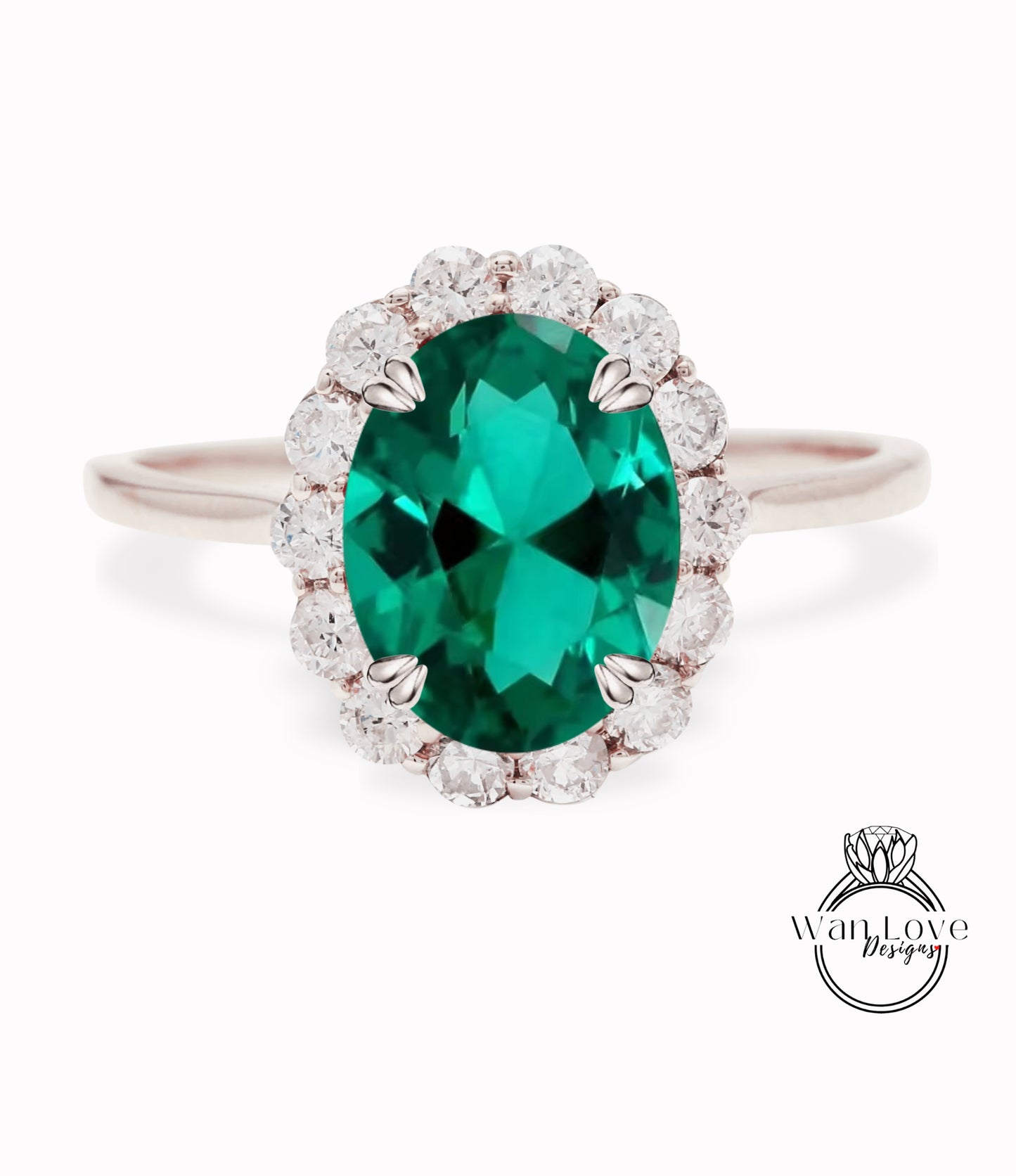 Anello di fidanzamento con 8 punte Milgrain con castone ovale rotondo con 3 gemme di smeraldo e diamante, personalizzato, matrimonio, oro giallo rosa bianco 14k 18k