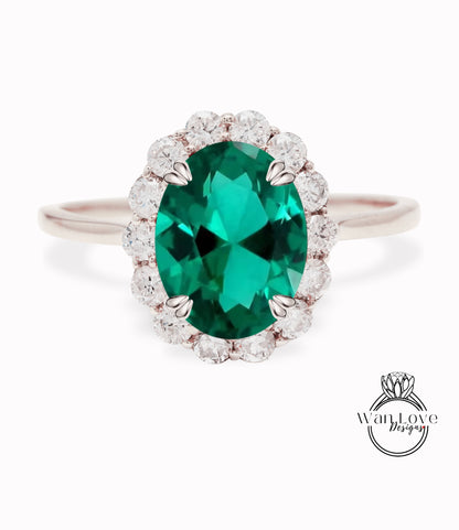 Anello di fidanzamento con 8 punte Milgrain con castone ovale rotondo con 3 gemme di smeraldo e diamante, personalizzato, matrimonio, oro giallo rosa bianco 14k 18k