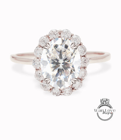 Anello di fidanzamento ovale in Moissanite Anello vintage con diamante rotondo unico Anello a grappolo Anello in oro rosa con diamante antico Anello da sposa Regalo di anniversario