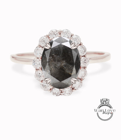 Anello di fidanzamento con 3 gemme, diamante rotondo, sale e pepe, baguette, personalizzato, 14k, 18k, bianco, giallo, oro rosa, platino, matrimonio