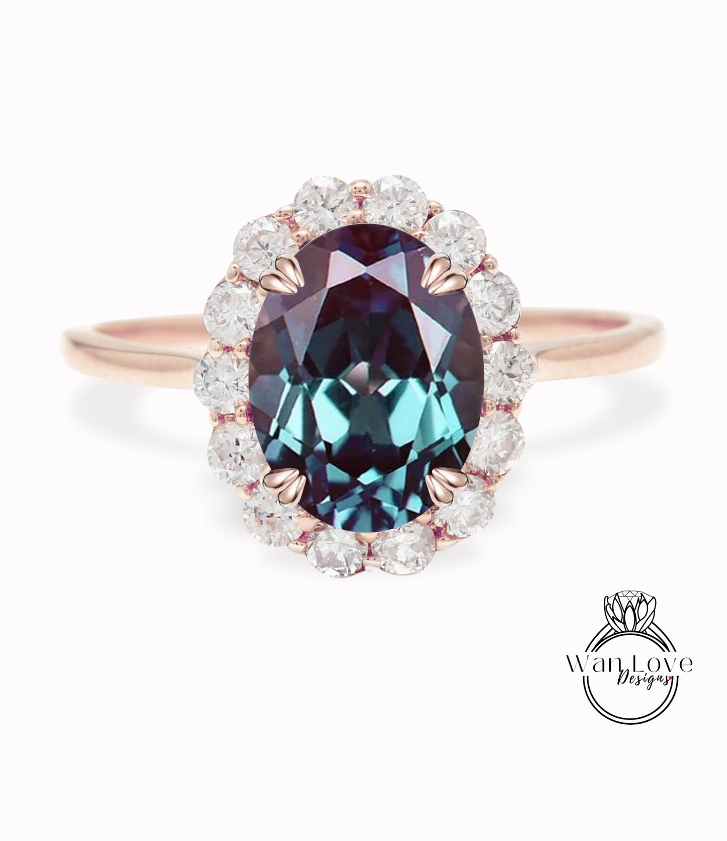 Oval Alexandrite Engagement Ring vintage Unique Round halo diamond Cluster ring Rose gold ring antique diamond Bridal ring Anniversary gift