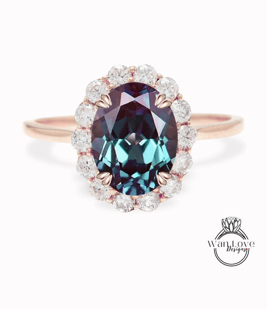 Oval Alexandrite Engagement Ring vintage Unique Round halo diamond Cluster ring Rose gold ring antique diamond Bridal ring Anniversary gift