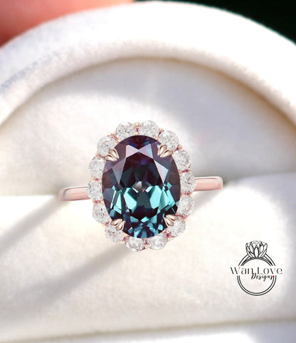 Oval Alexandrite Engagement Ring vintage Unique Round halo diamond Cluster ring Rose gold ring antique diamond Bridal ring Anniversary gift