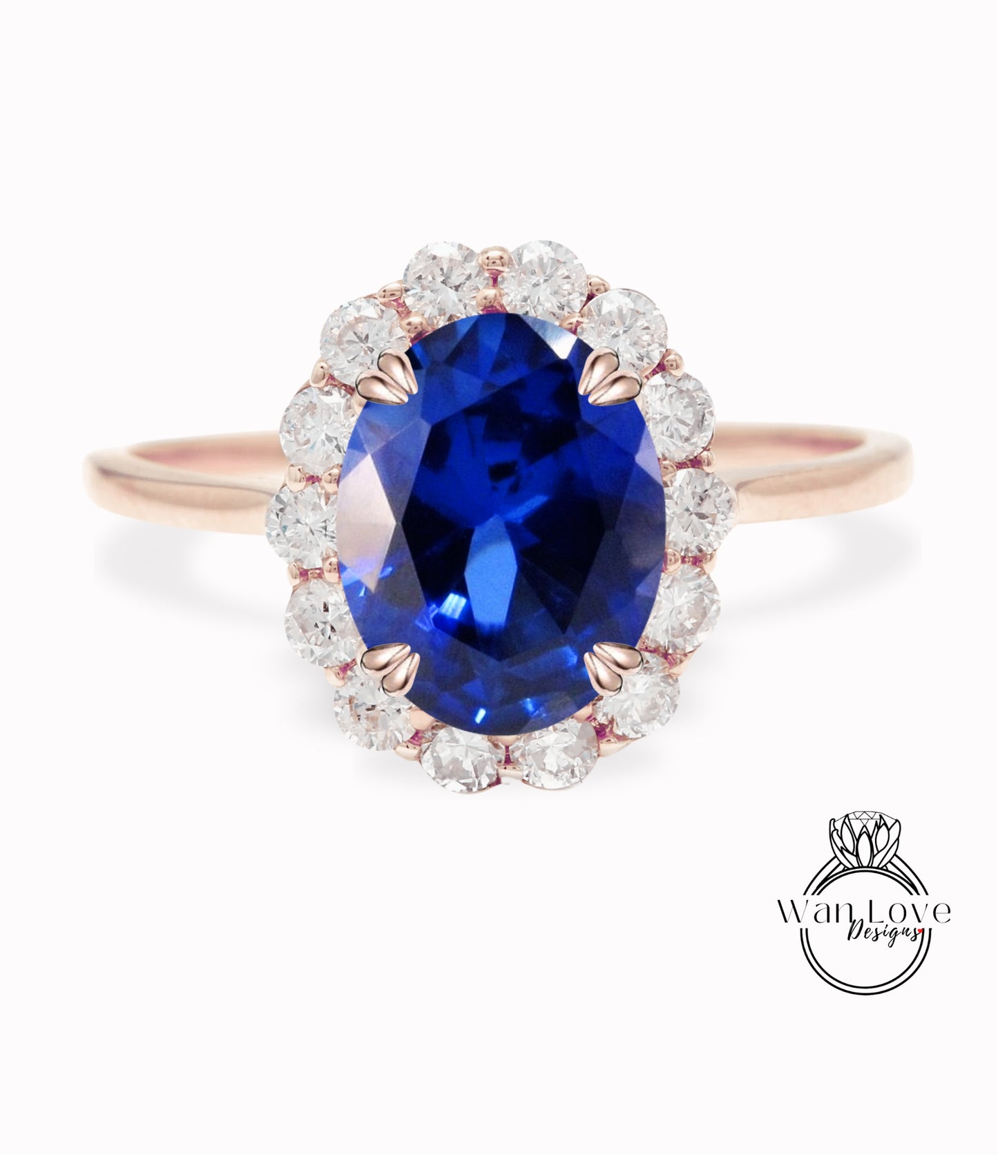 Anello di fidanzamento ovale con zaffiro blu Anello vintage unico con diamanti a taglio rotondo Anello a grappolo Anello in oro rosa Anello nuziale Regalo di anniversario