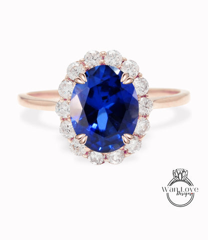 Anello di fidanzamento ovale con zaffiro blu Anello vintage unico con diamanti a taglio rotondo Anello a grappolo Anello in oro rosa Anello nuziale Regalo di anniversario