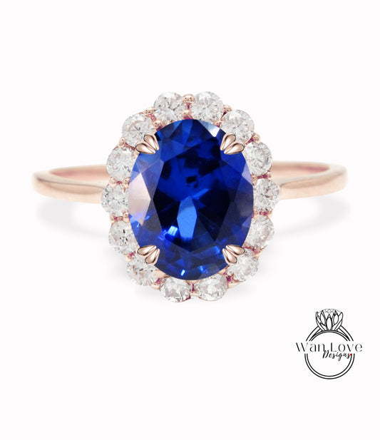 Oval Blue Sapphire Engagement Ring vintage Unique Round cut diamond Cluster ring Rose gold ring Bridal ring Anniversary gift