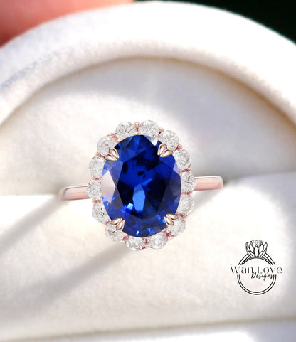 Anello di fidanzamento ovale con zaffiro blu Anello vintage unico con diamanti a taglio rotondo Anello a grappolo Anello in oro rosa Anello nuziale Regalo di anniversario