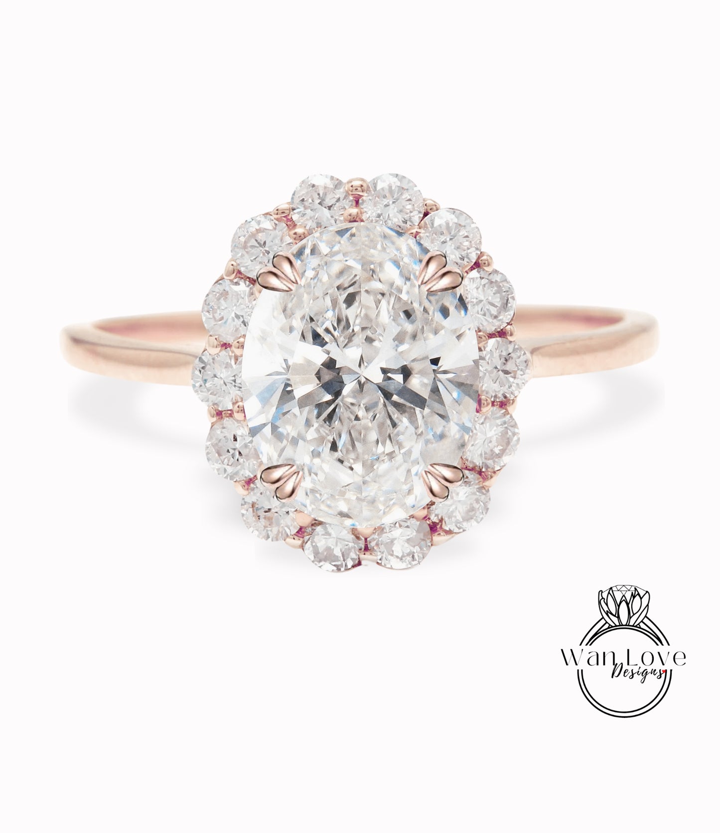 Anello di fidanzamento con diamante ovale Halo, Anello di fidanzamento con diamante ovale Halo, Anello floreale a grappolo ovale in oro rosa, Anello con diamante IGI anniversario