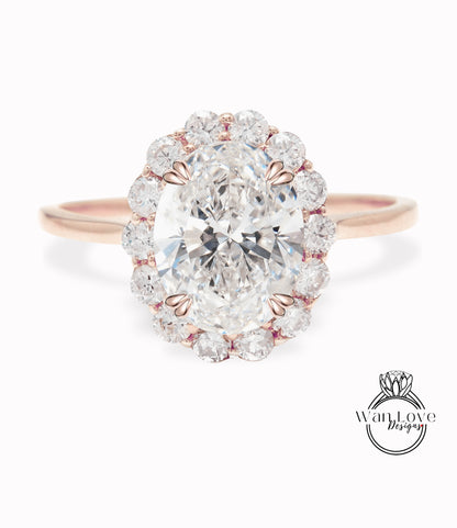 Anello di fidanzamento con diamante ovale Halo, Anello di fidanzamento con diamante ovale Halo, Anello floreale a grappolo ovale in oro rosa, Anello con diamante IGI anniversario