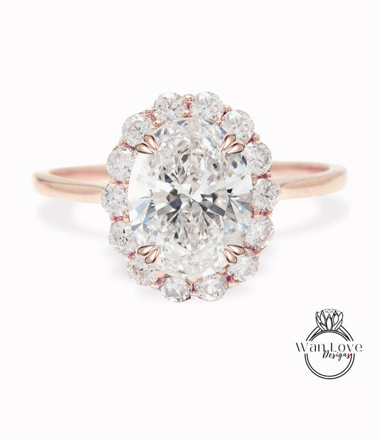 Anello di fidanzamento con diamante ovale Halo, Anello di fidanzamento con diamante ovale Halo, Anello floreale a grappolo ovale in oro rosa, Anello con diamante IGI anniversario