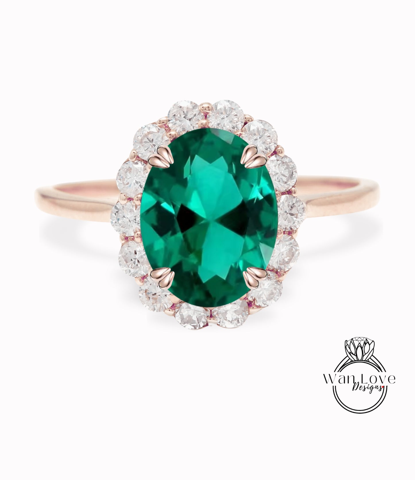 Anello di fidanzamento con 8 punte Milgrain con castone ovale rotondo con 3 gemme di smeraldo e diamante, personalizzato, matrimonio, oro giallo rosa bianco 14k 18k