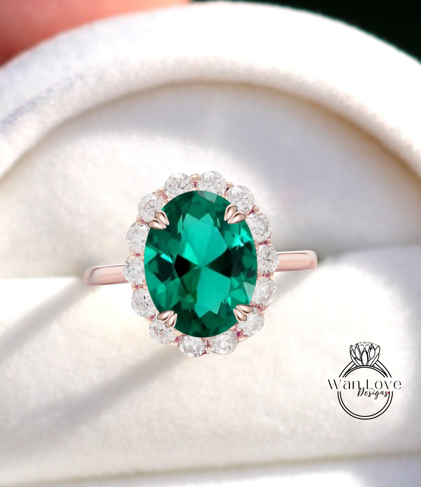 Anello di fidanzamento con 8 punte Milgrain con castone ovale rotondo con 3 gemme di smeraldo e diamante, personalizzato, matrimonio, oro giallo rosa bianco 14k 18k