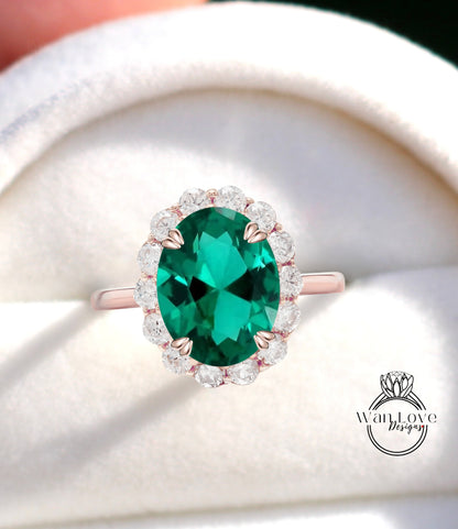 Anello di fidanzamento con 8 punte Milgrain con castone ovale rotondo con 3 gemme di smeraldo e diamante, personalizzato, matrimonio, oro giallo rosa bianco 14k 18k