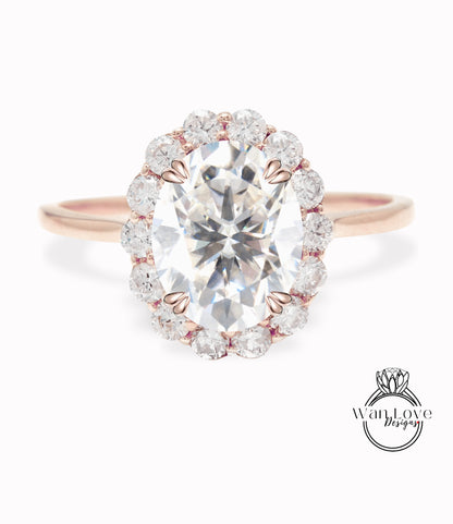 Anello di fidanzamento ovale in Moissanite Anello vintage con diamante rotondo unico Anello a grappolo Anello in oro rosa con diamante antico Anello da sposa Regalo di anniversario