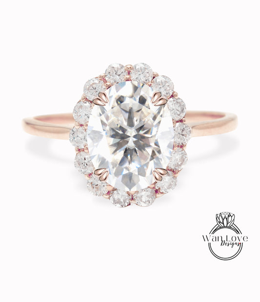 Anello di fidanzamento ovale in Moissanite Anello vintage con diamante rotondo unico Anello a grappolo Anello in oro rosa con diamante antico Anello da sposa Regalo di anniversario