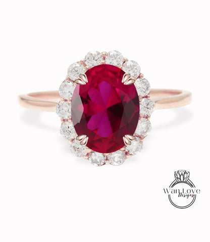 Anello di fidanzamento con rubino e moissanite ovale con semi castoni a grappolo principessa rotondo Halo Gioielli da sposa personalizzati