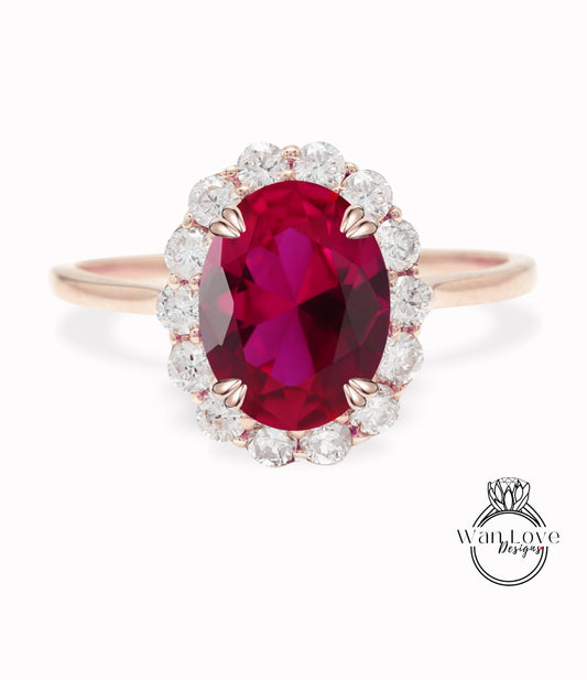 Oval Ruby Engagement Ring vintage Unique Round halo diamond Cluster ring Rose gold ring antique diamond Bridal ring Anniversary gift
