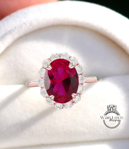 Anello di fidanzamento con rubino e moissanite ovale con semi castoni a grappolo principessa rotondo Halo Gioielli da sposa personalizzati