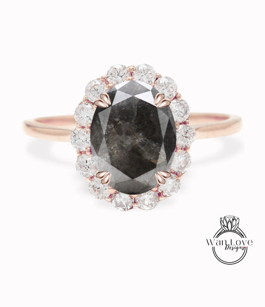 Salt & Pepper Diamond Oval Engagement Ring vintage Unique Round halo diamond Cluster ring Rose gold ring antique diamond Bridal ring Anniversary gift