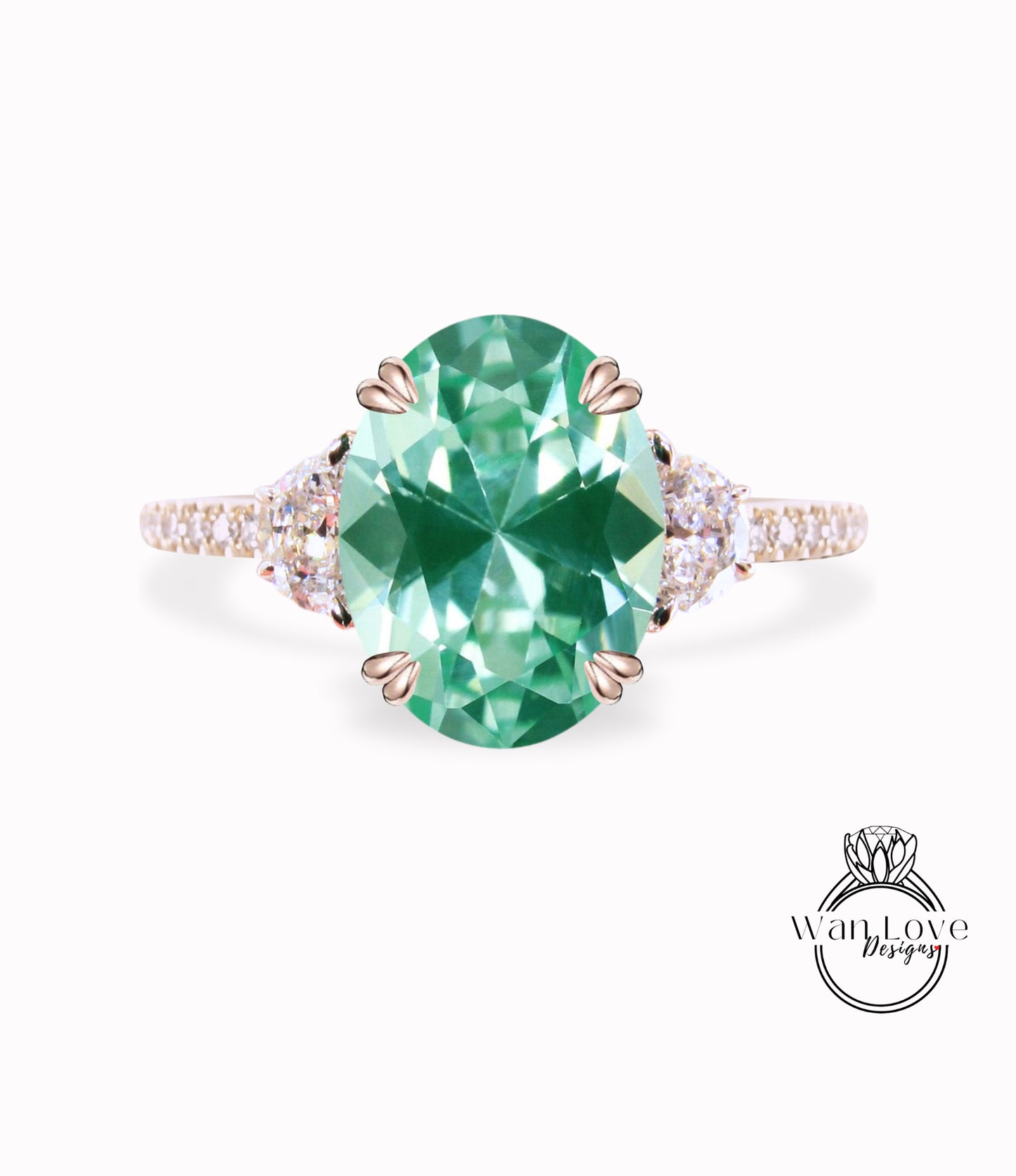 Teal Spinel & Diamonds Oval Half Moon Engagement Ring 3 Gem Stone diamond band ring 14k 18k White Yellow Rose Gold,Platinum,Custom wedding Anniversary Gift