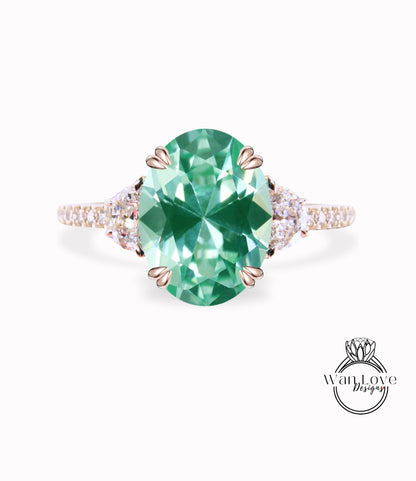 Teal Spinel & Diamonds Oval Half Moon Engagement Ring 3 Gem Stone diamond band ring 14k 18k White Yellow Rose Gold,Platinum,Custom wedding Anniversary Gift