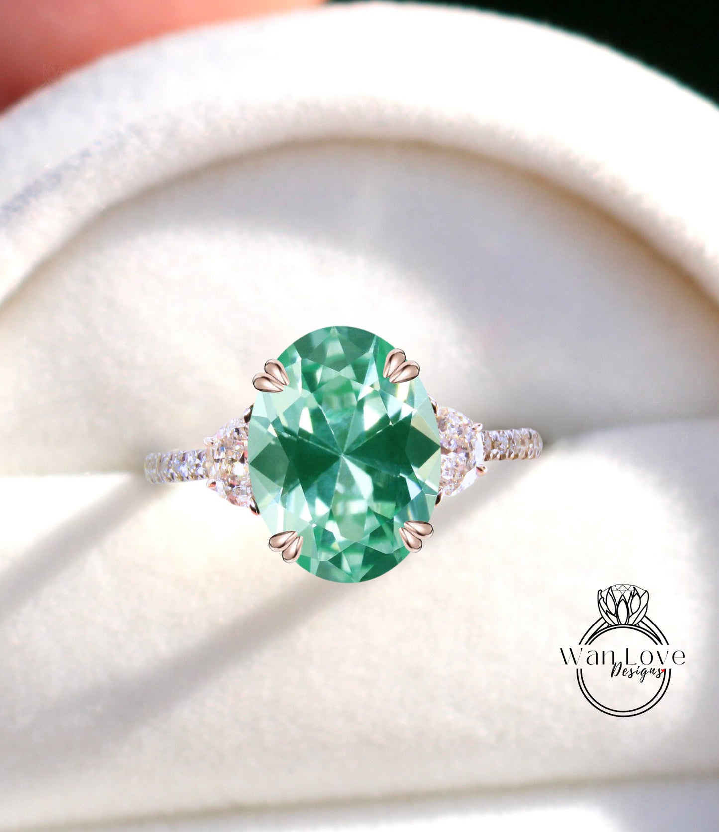 Teal Spinel & Diamonds Oval Half Moon Engagement Ring 3 Gem Stone diamond band ring 14k 18k White Yellow Rose Gold,Platinum,Custom wedding Anniversary Gift