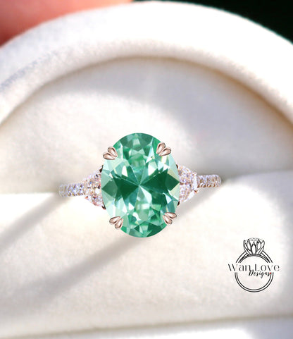 Teal Spinel & Diamonds Oval Half Moon Engagement Ring 3 Gem Stone diamond band ring 14k 18k White Yellow Rose Gold,Platinum,Custom wedding Anniversary Gift