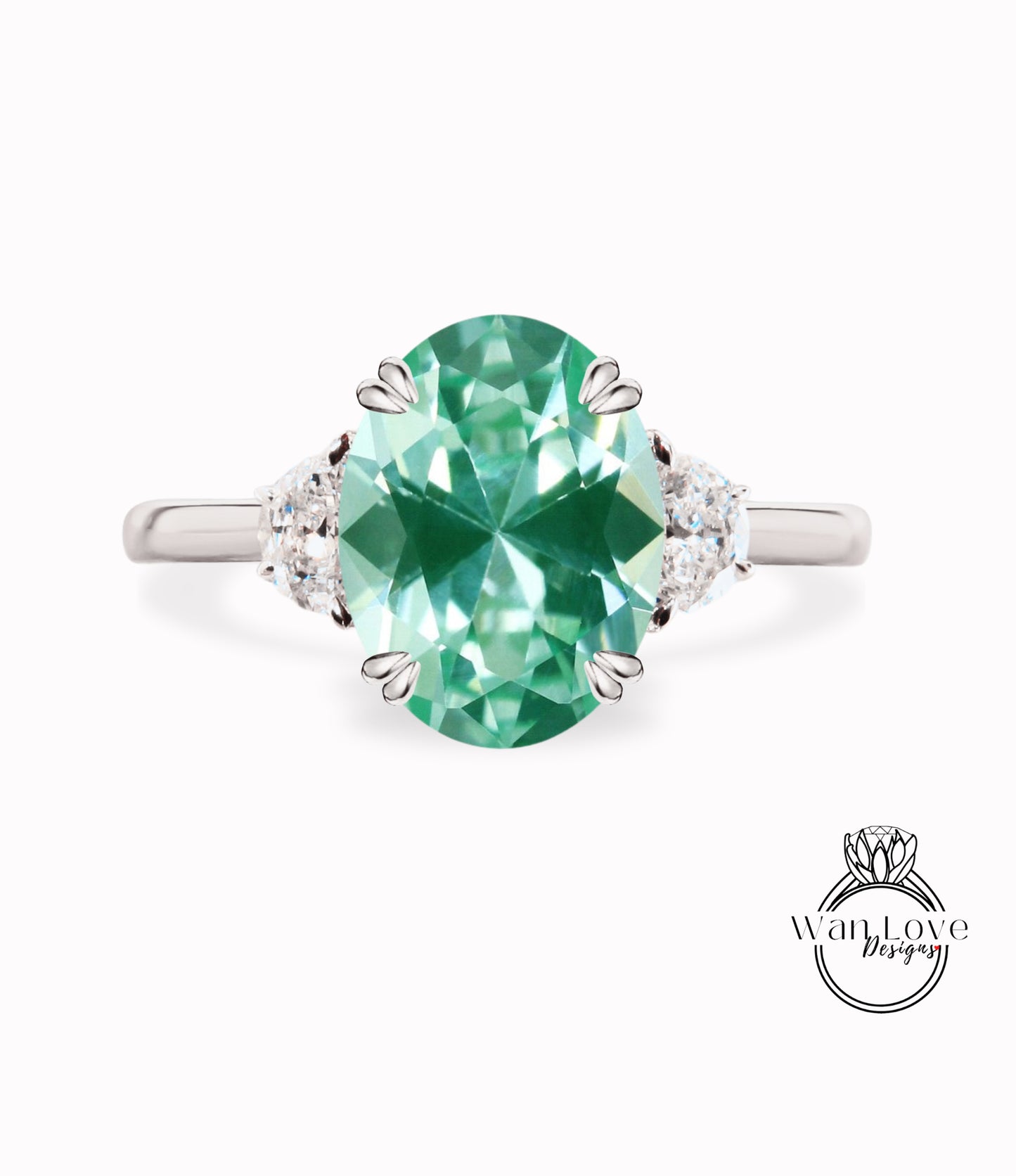 Teal Spinel & diamond half moon elongated cushion 3 gemstone engagement ring plain band Moissanite diamond rose gold art deco diamond three gem stone ring wedding Bridal Anniversary gift