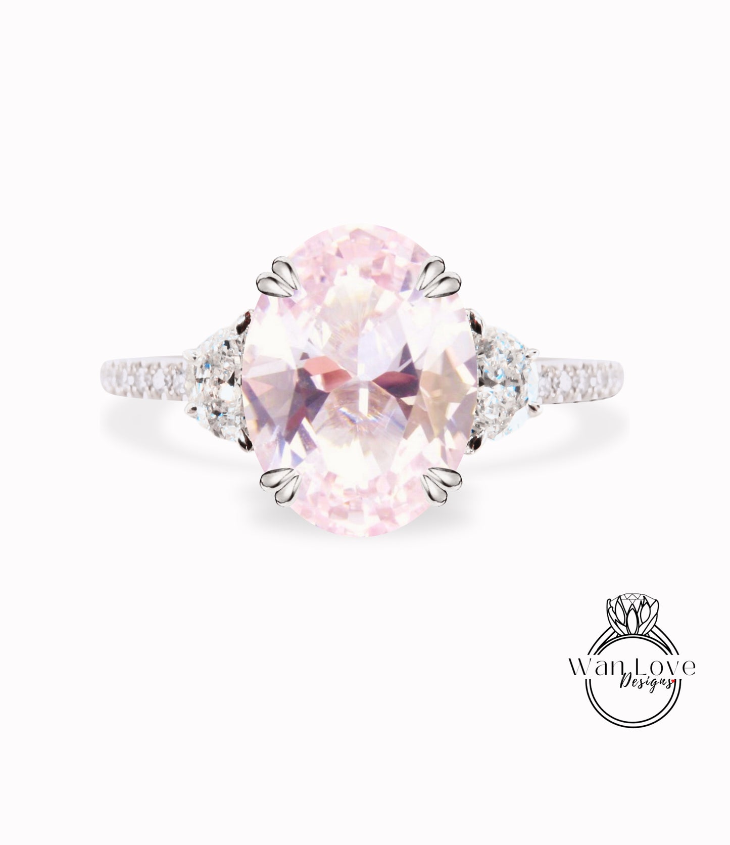 Light Pink Sapphire & Diamonds Oval Half Moon Engagement Ring 3 Gem Stone diamond band ring 14k 18k White Yellow Rose Gold,Platinum,Custom wedding Anniversary Gift