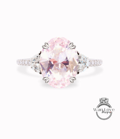 Light Pink Sapphire & Diamonds Oval Half Moon Engagement Ring 3 Gem Stone diamond band ring 14k 18k White Yellow Rose Gold,Platinum,Custom wedding Anniversary Gift