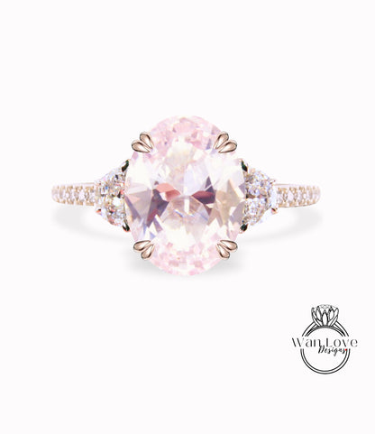Light Pink Sapphire & Diamonds Oval Half Moon Engagement Ring 3 Gem Stone diamond band ring 14k 18k White Yellow Rose Gold,Platinum,Custom wedding Anniversary Gift