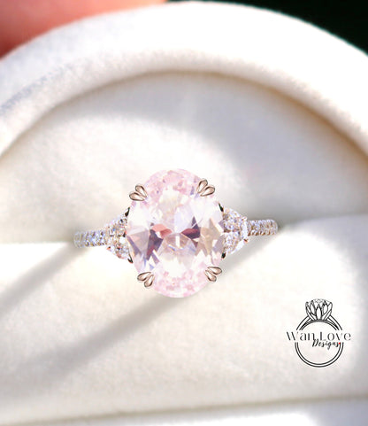 Light Pink Sapphire & Diamonds Oval Half Moon Engagement Ring 3 Gem Stone diamond band ring 14k 18k White Yellow Rose Gold,Platinum,Custom wedding Anniversary Gift
