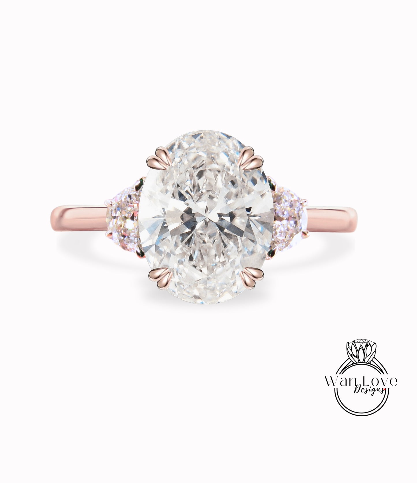 Anello di fidanzamento con diamante ovale mezza luna 3 pietre preziose 14k 18k bianco giallo oro rosa, platino, anello con diamante creato da laboratorio IGI autentico personalizzato