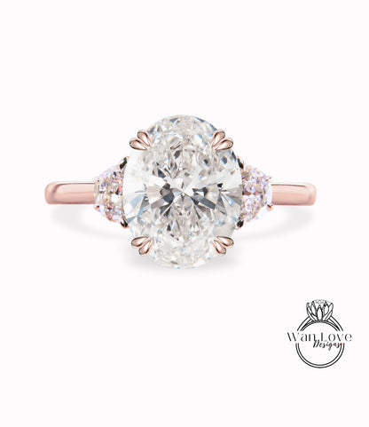 Anello di fidanzamento con diamante ovale mezza luna 3 pietre preziose 14k 18k bianco giallo oro rosa, platino, anello con diamante creato da laboratorio IGI autentico personalizzato