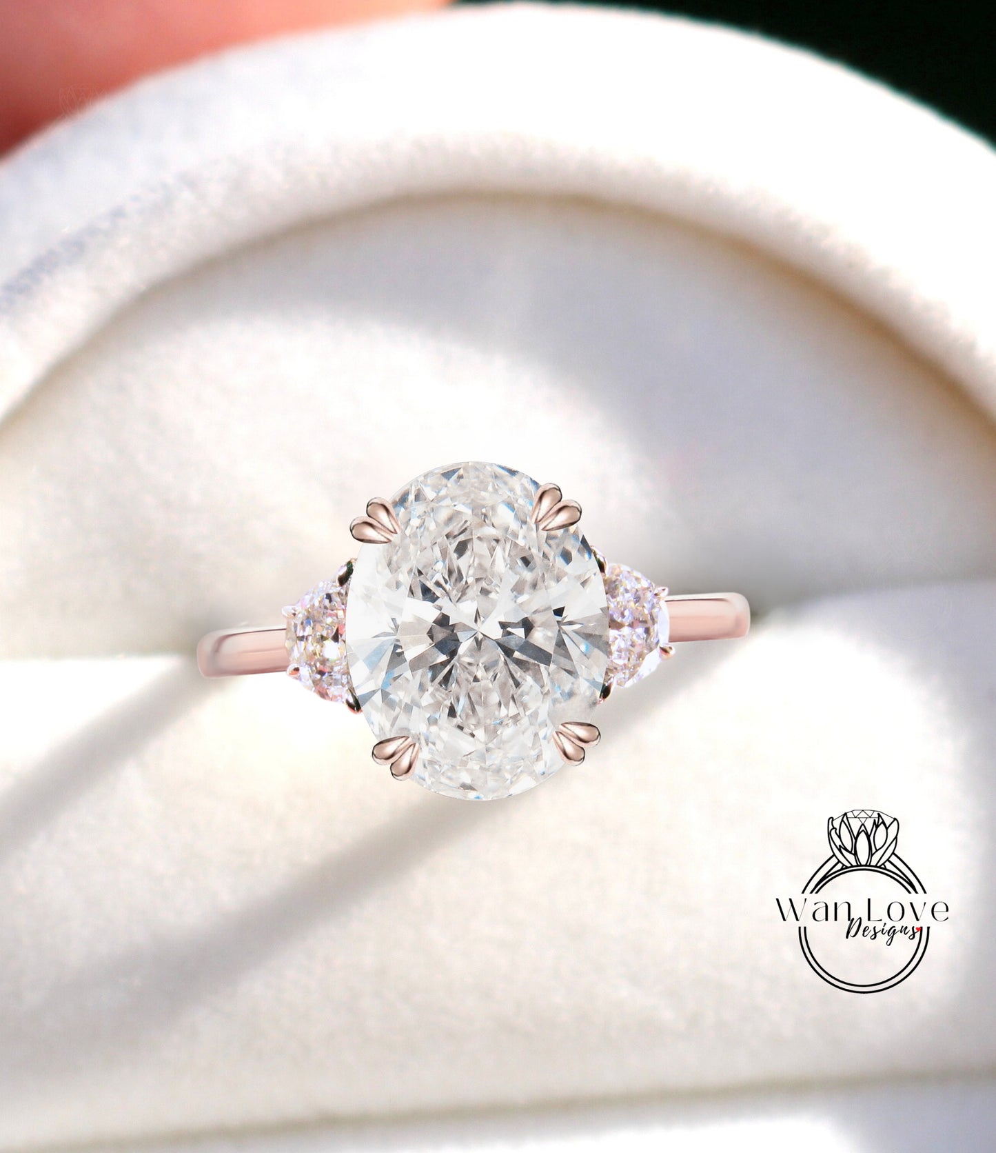 Anello di fidanzamento con diamante ovale mezza luna 3 pietre preziose 14k 18k bianco giallo oro rosa, platino, anello con diamante creato da laboratorio IGI autentico personalizzato