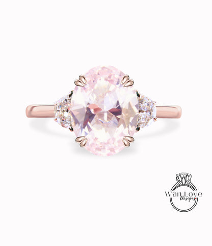 Anello di fidanzamento con alessandrite taglio cuscino mezzaluna Moissanite diamante oro rosa diamante art deco anello con tre pietre matrimonio anniversario nuziale
