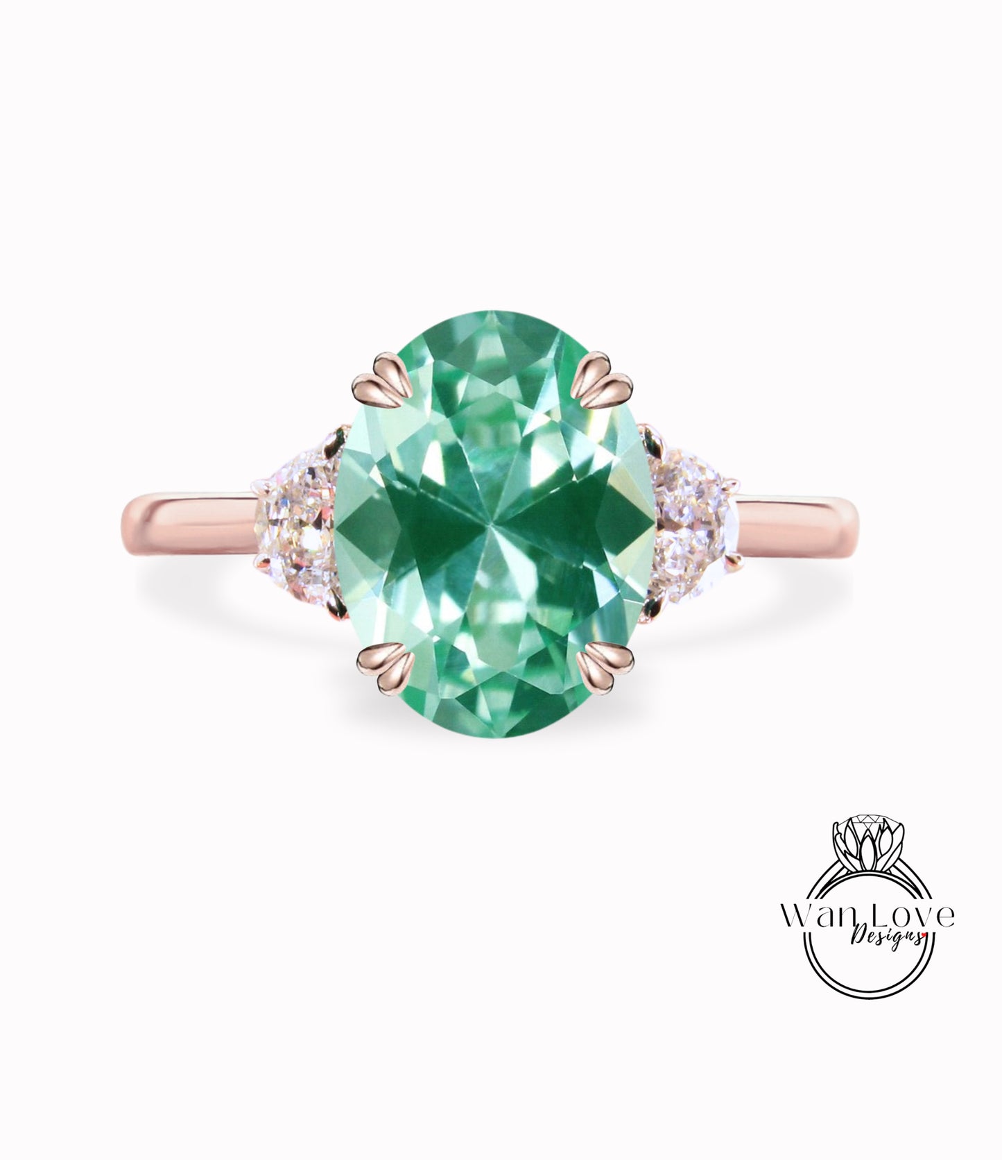 Teal Spinel & diamond half moon elongated cushion 3 gemstone engagement ring plain band Moissanite diamond rose gold art deco diamond three gem stone ring wedding Bridal Anniversary gift