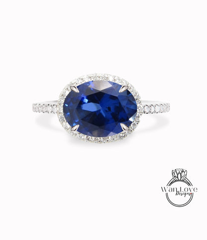 Anello di fidanzamento ovale con zaffiro blu est ovest, oro bianco, anello di fidanzamento con aureola, art deco, con diamante ovale, anello di promessa nuziale.