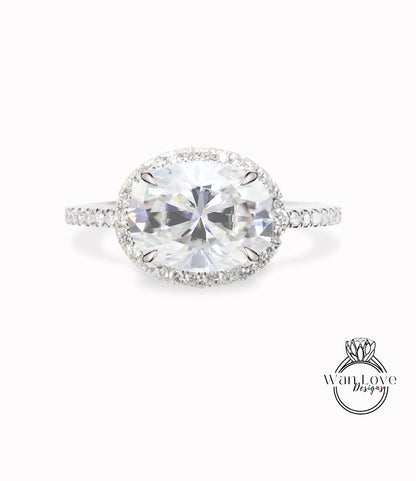 East West Moissanite Oval halo engagement ring white gold Unique halo engagement ring art deco Oval Diamond halo wedding Bridal promise ring